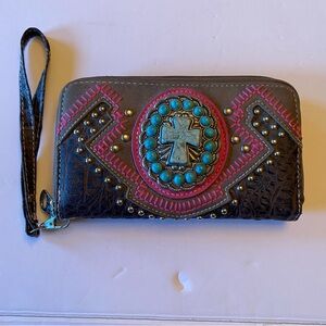 Western Embossed Faux Leather Wristlet Wallet with Turquoise Cross Accent